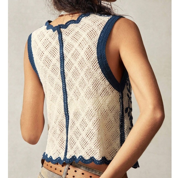 Boho Floral Print Button Down Crochet Shirt Vest - Picture 4 of 5